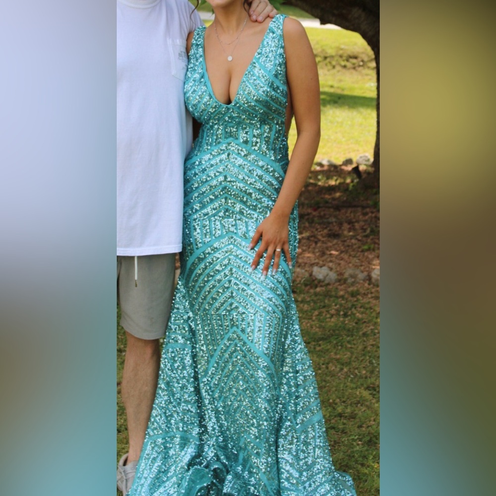 Jovani 59762 Low V Neck Sequin Sheath Dress Teal